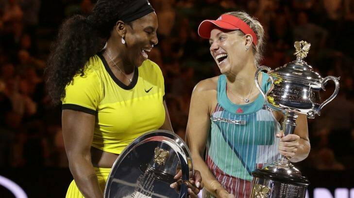 Angelique Kerber enjoys a joke with runner-up Serena Williams following her remarkable win. Photo: Aaron Favila
