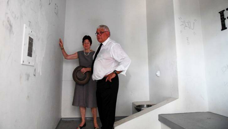 Royal commissioners Mick Gooda and Margaret White inside Dylan Voller's cell during a  tour of the former Don Dale Youth Detention facilities.  Photo: Elise Derwin