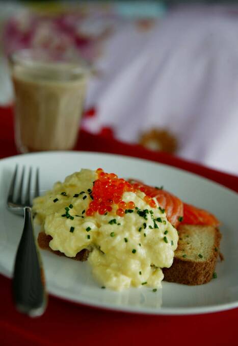 Luke Mangan's scrambled eggs with chopped chives and salmon <a href="http://www.goodfood.com.au/good-food/cook/recipe/scrambled-eggs-with-salmon-caviar-20131220-2zou8.html"><b>(recipe here).</b></a> Photo: Marco Del Grande