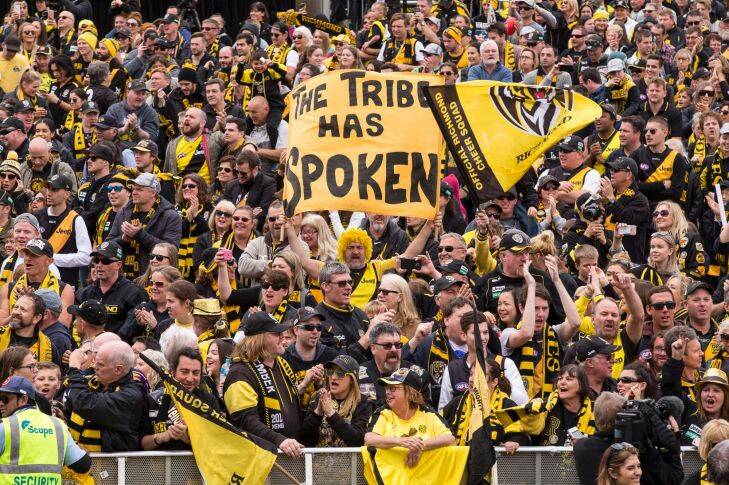 The crowd cheer at family day, at Punt Road Oval, Richmond, Melbourne. October 1st 2017. Photo: Daniel Pockett
