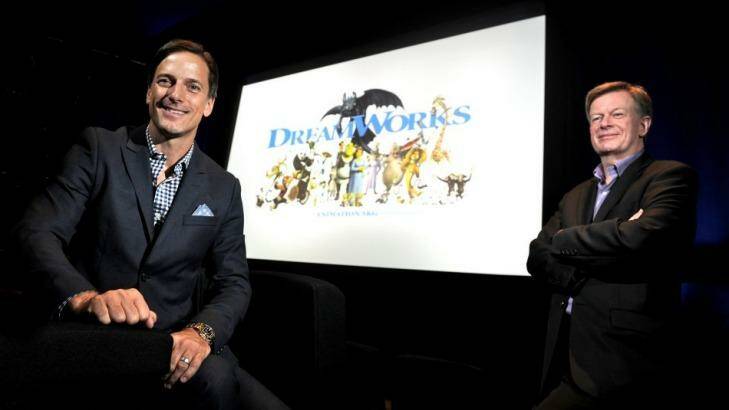 ACMI's <i>DreamWorks Animation: The Exhibition</i> drew audiences at home and abroad. Pictured are DreamWorks chief creative officer Bill Damaschke and former ACMI chief Tony Sweeney. Photo: Justin McManus
