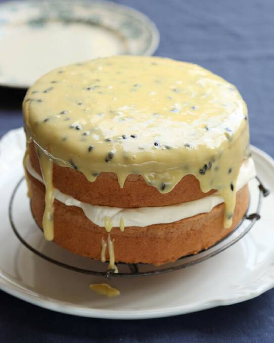 Classic sponge cake with passionfruit icing <a href="http://www.goodfood.com.au/good-food/cook/recipe/sponge-cake-with-passionfruit-icing-20111018-29wyv.html"><b>(Recipe here).</b></a> Photo: Marina Oliphant