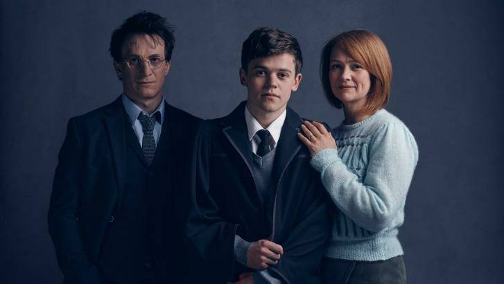 New family ... Jamie Parker, Sam Clemmett and Poppy Miller in <i>Harry Potter and the Cursed Child</i>. Photo: Pottermore