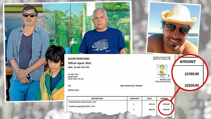 Locked out of the World Cup: Silva and his family in Brazil, left, the bogus invoice sent by Alain Barataud, centre, and Barataud posing at the beach.