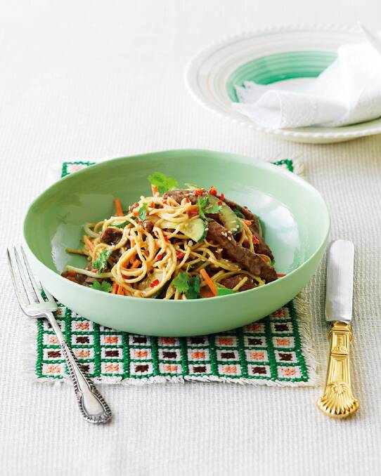 Beef and noodle salad with sesame dressing <a href="http://www.goodfood.com.au/good-food/cook/recipe/beef-and-noodle-salad-with-sesame-dressing-20131031-2wl8h.html"><b>(recipe here).</b></a>