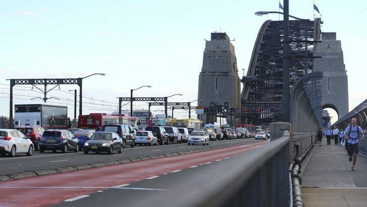 Traffic banks up over the Sydney Harbour Bridge due to a multiple vehicle accident this morning.  Photo: Kate Geraghty