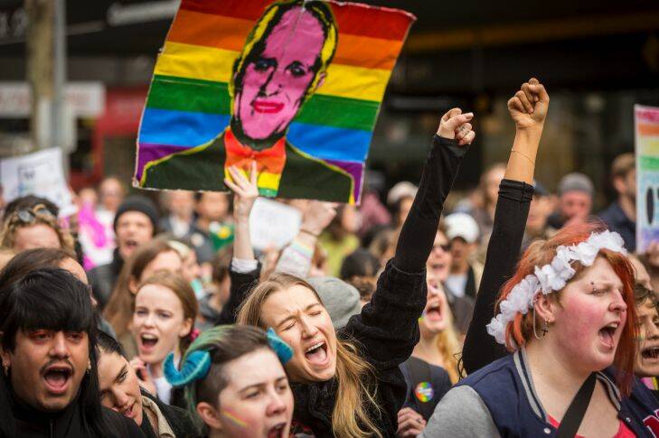 26/8/17  Tens of thousands of Melbournians turned out today at the rally  in support of a yes vote in the upcoming marriage equality postal survey. Photograph by Chris Hopkins