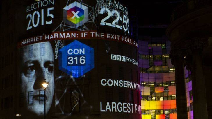 An exit poll predicting that the Conservative Party led by Prime Minister David Cameron would be the largest part with 316 seats is projected onto BBC Broadcasting House, Portland Place in London on Thursday night. Photo: Jack Taylor