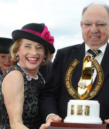 Success: Gai Waterhouse, George Altomonte and jockey Tommy Berry celebrate after winning the 2013 Golden Slipper with Overreach. Photo: Dallas Kilponen