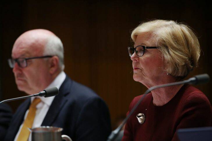 Gillian Triggs President of the Human Rights Commission and Senator George Brandis during Budget Estimates at Parliament House, Canberra on Thursday 25 May 2017. Photo: Andrew Meares 