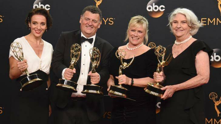 A surprise win for Sherlock: The Abominable Bride (Masterpiece): Amanda Abbington, from left, Steven Moffat, Sue Vertue, and Rebecca Eaton collect the Emmy for outstanding television movie. Photo: Jordan Strauss/AP