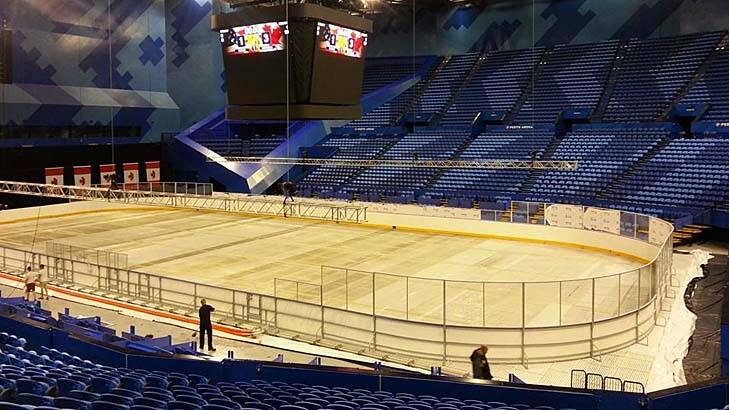 Perth Arena is readied for the International Exhibition series, commencing Friday. There are also games in Brisbane, Melbourne and Sydney in coming weeks. Photo: Kerry Goulet