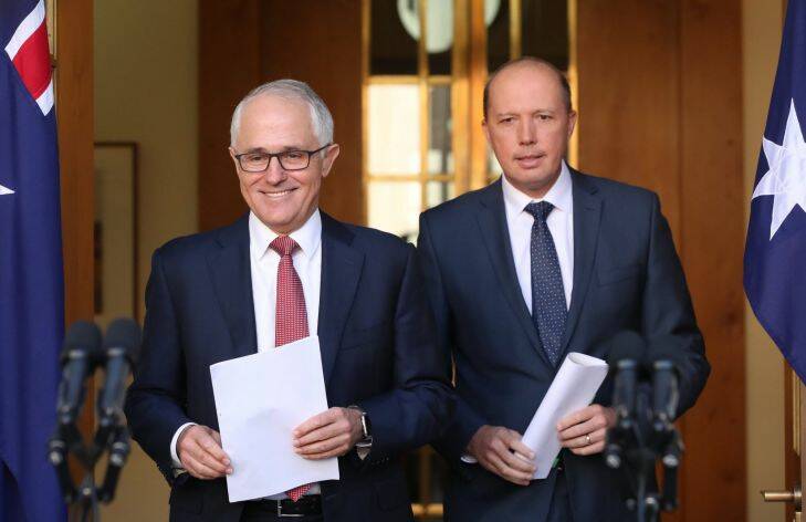 Prime Minister Malcolm Turnbull and Immigration minister Peter Dutton during a press conference at Parliament House in Canberra on Thursday 20 April 2017. Photo: Andrew Meares  Photo: Andrew Meares