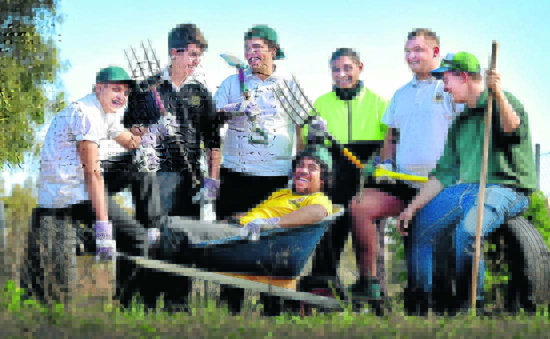 FUN IN THE SUN: Planning a garden takes some effort. Just ask, clockwise from Kenny Trindall in the wheelbarrow, Brady Porter, Dion Reid, Tyril Knox, Denzel Hampton, Curtis Marshall and Tom Chesterfield what’s involved. Photo: Gareth Gardner 310715GGB03