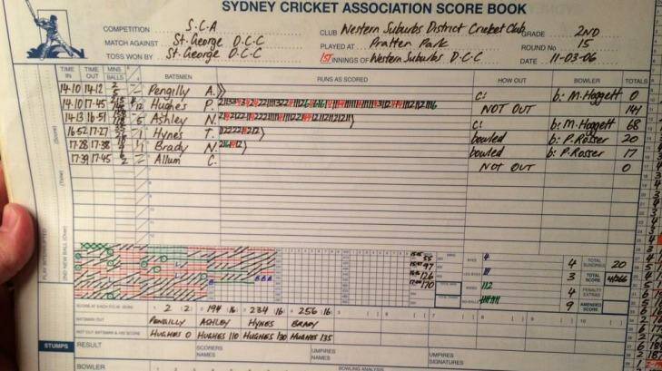 History: The scorecard from Phillip Hughes’ debut for Western Suburbs’ second-grade side, in which he scored 141 not out and won the match with a last-ball six. The efforts of Fairfax Media’s Adam Pengilly are also recorded. Photo: Supplied