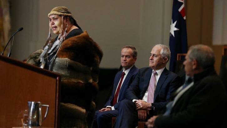 Mr Turnbull and Mr Shorten during the welcome to country ceremony on Tuesday. Photo: Andrew Meares