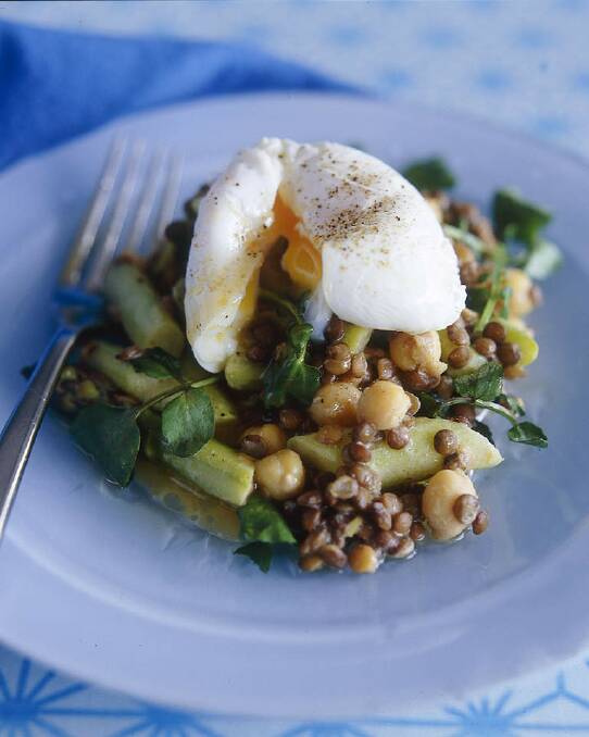 Luke Mangan's asparagus and lentil salad with poached eggs <a href="http://www.goodfood.com.au/good-food/cook/recipe/asparagus-and-lentil-salad-with-poached-eggs-20131220-2zp84.html"><b>(recipe here).</b></a> Photo: Jennifer Soo