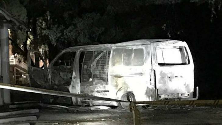 The van that drove into the Australian Christian Lobby's headquarters and exploded in Canberra, Photo: Lyle Shelton, Twitter