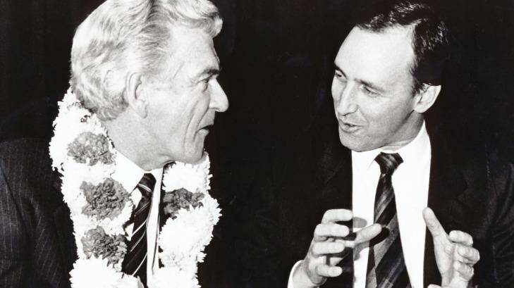 Paul Keating, Bankstown's most famous son, with Bob Hawke at a reception in Bankstown in 1987. Photo: Ray Kennedy