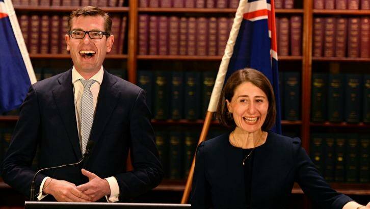 Gladys Berejiklian and Dominic Perrottet at Monday's press conference.  Photo: Wolter Peeters
