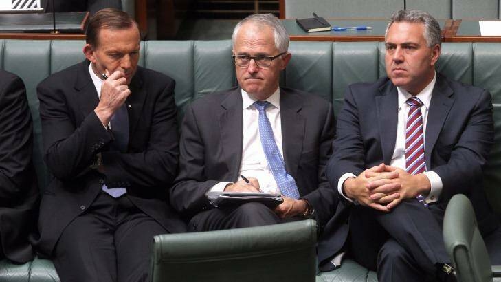 Tony Abbott, Malcolm Turnbull and Joe Hockey. Photo: Alex Ellinghausen