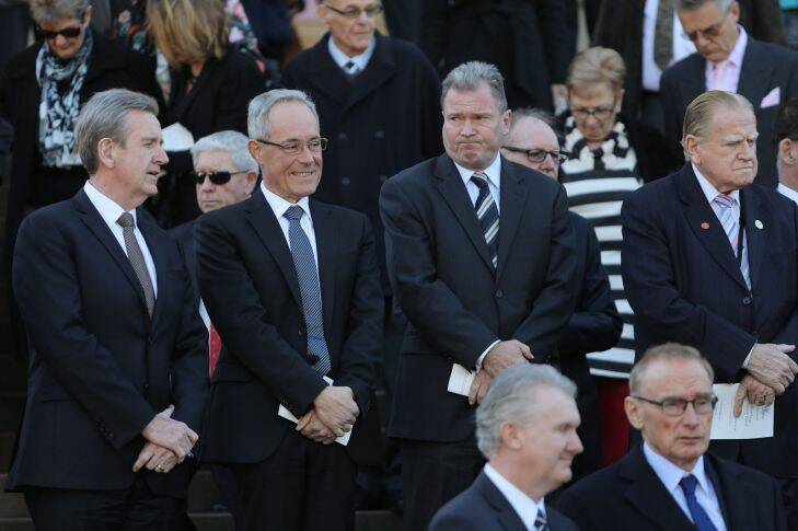 Former NSW Premiers Barry O'Farrel, Morris Iemma and Nathan Rees leave at the end of the State Funeral for The Honourable John Richard Johnson at St Mary's Cathedral on August 18, 2017 in Sydney, Australia.  (Photo by Daniel Munoz/Fairfax Media)