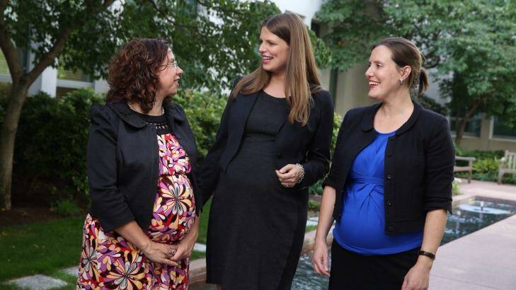 Amanda Rishworth, Kate Ellis and Kelly O'Dwyer at Parliament House on Tuesday. Photo: Andrew Meares