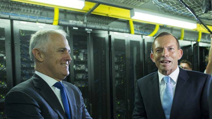 Malcolm Turnbull and Tony Abbott touring the facilities at the Sydney Fox Sports studio. Photo: Angus Mordant
