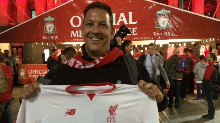 David Smulders of Wakerley in Queensland was the first Liverpool fan in the world to get his hands on the new 2015-16 away kit. Photo: Cameron Atfield