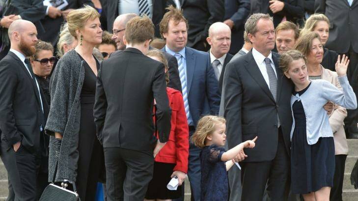 Opposition Leader Bill Shorten and two of his children outside the funeral service held for his mother Ann at the Xavier College Chapel, Melbourne. Photo: Michael Clayton-Jones