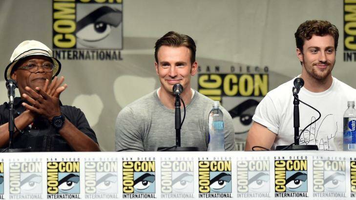 Star power ... Samuel L. Jackson, Chris Evans and Aaron Taylor-Johnson attend the Marvel Studios panel.