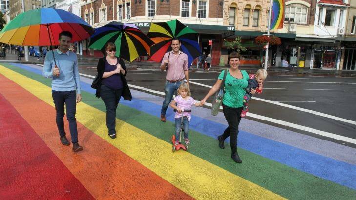 A rainbow pedestrian crossing on Oxford Street, made with chalk. Photo: Peter Rae