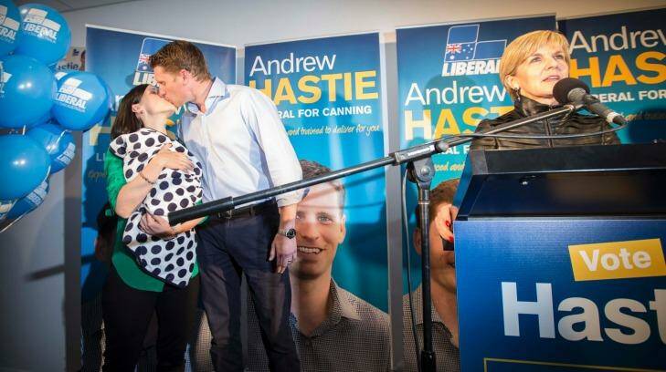 Andrew Hastie  and wife Ruth celebrate their win at the Pinjarra Bowling Club as Julie Bishop speaks to the crowd. Photo: Tony McDonough