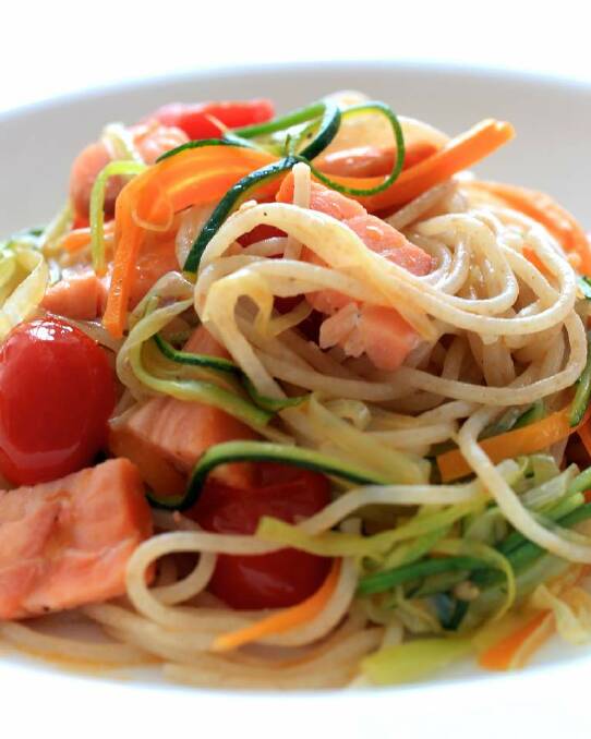 Steve Manfredi?s spaghettini with hot-smoked salmon and vegetables <a href="http://www.goodfood.com.au/good-food/cook/recipe/spaghettini-with-hotsmoked-salmon-and-vegetables-20120329-29u0u.html"><b>(recipe here).</b></a> Photo: Edwina Pickles