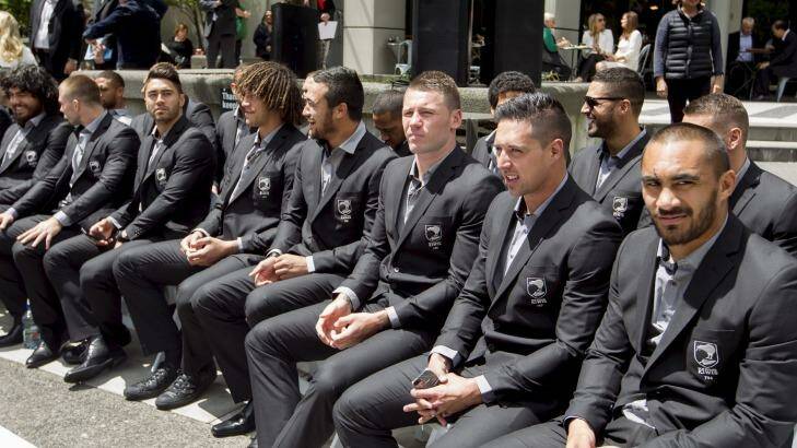 No show, bro: The New Zealand team wait for the Australians who finally arrived at the civic reception. Photo: Maarten Holl