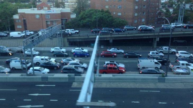 Traffic banks up at the northern approach to the Harbour Bridge following a crash on Wednesday morning. Photo: Steve Jacobs
