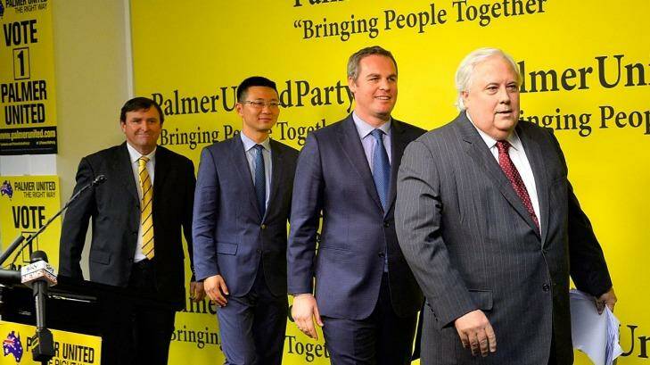 Exit, stage left: Clive Palmer and PUP candidates  at the  launch of the party's ill-fated 2016 federal campaign. Photo: Bradley Kanaris