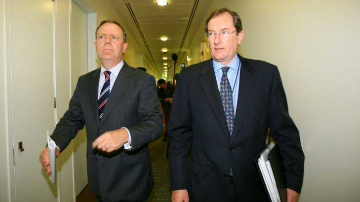 Peter Costello and Loughnane announces the new leaders of the Liberal Party in 2007. Photo: Brendan Esposito