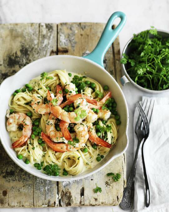Neil Perry's angel hair pasta with prawn, pea and lemon sauce <a href="http://www.goodfood.com.au/good-food/cook/recipe/angel-hair-pasta-with-prawn-pea-and-lemon-sauce-20121026-28atl.html"><b>(recipe here).</b></a> Photo: William Meppem