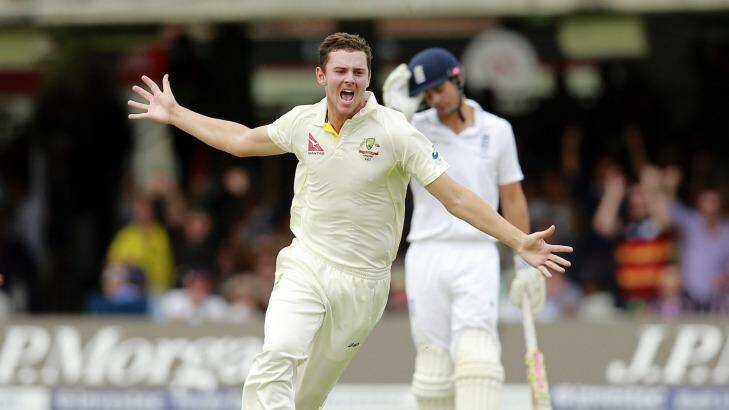 You beauty: Josh Hazlewood celebrates after dismissing England's Ian Bell at Lord's. Photo: Andrew Couldridge