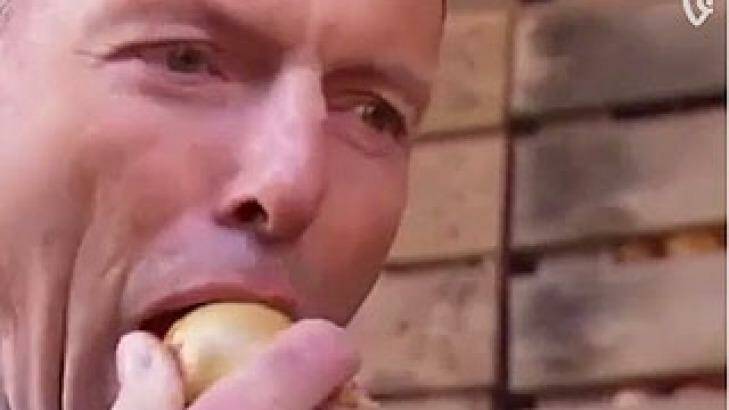 Tony Abbott bites into a raw onion