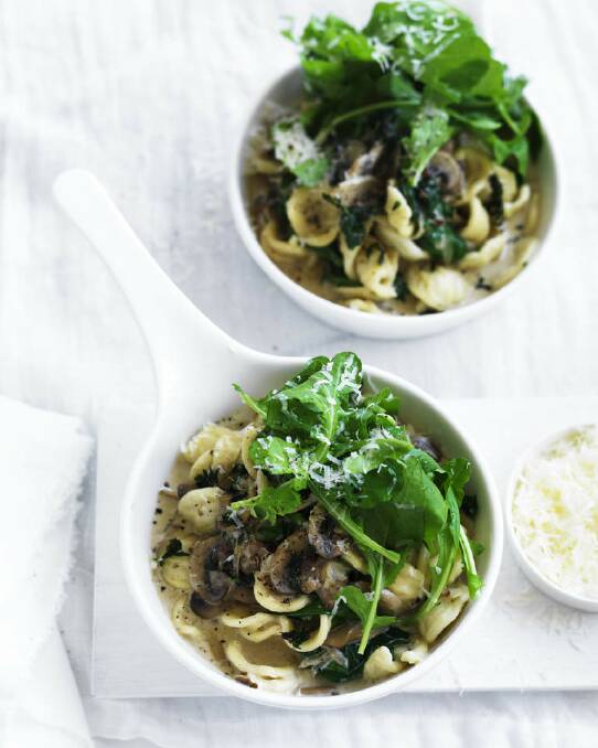 Neil Perry's orecchiette pasta with mushrooms, spinach and pecorino <a href="http://www.goodfood.com.au/good-food/cook/recipe/orecchiette-pasta-with-mushrooms-spinach-and-pecorino-20121126-2a2fl.html?rand=1366952623583"><b>(RECIPE HERE)</b></a>. Photo: William Meppem