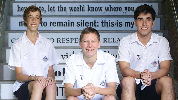 Strong stance: Engadine High School captain Kyle Richardson (centre) and vice-captains Jacob Heffernen (left) and Joshua McFarlane have taken the White Ribbon oath. Photo: Danielle Smith