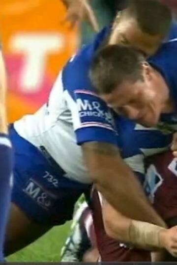 Controversy: The infamous Josh Jackson tackle on Manly prop Josh Starling. Photo: Channel Nine