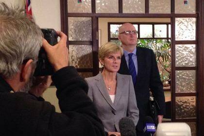 Foreign Minister Julie Bishop with Australia's ambassador to Indonesia, Paul Grigson, in Perth on Monday. Photo: James Mooney 