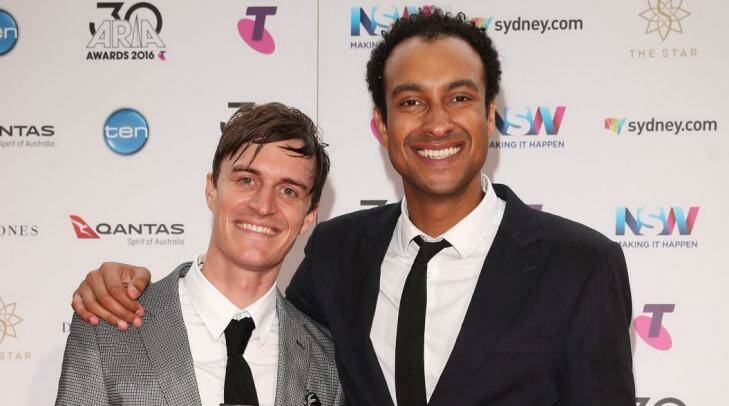 Okine with co-host Alex Dyson on the ARIAs red carpet in Sydney on Wednesday. Photo: Caroline McCredie/Getty