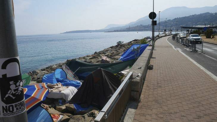 A makeshift refugee camp has sprung up on the Italian side of the border with France. Photo: Nick Miller