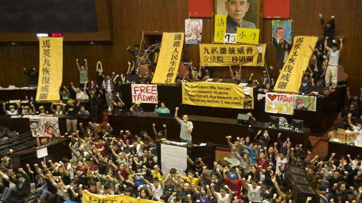 Seeds of discontent: Students protesting against a trade pact with China that was rushed through parliament take over Taiwan's Legislative Yuan, starting the Sunflower Movement. Photo: Jerry Huang