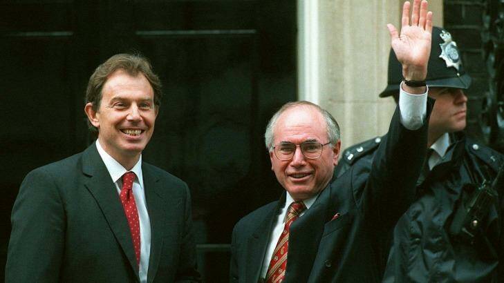 Former prime minister John Howard with former UK prime minister Tony Blair.  Photo: Dave Thomson