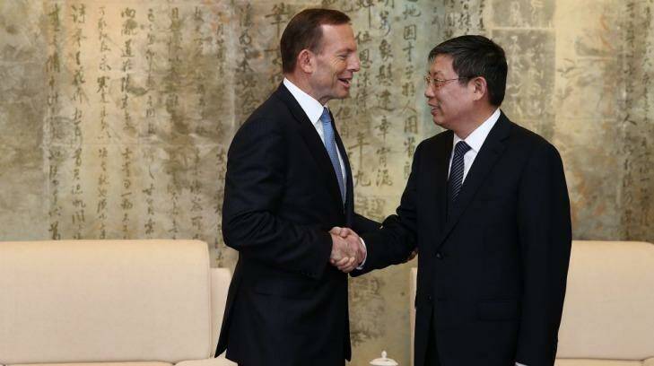 Prime Minister Tony Abbott meets with the Mayor of Shanghai, Yang Xiong, on Friday April 11. Photo: Alex Ellinghausen